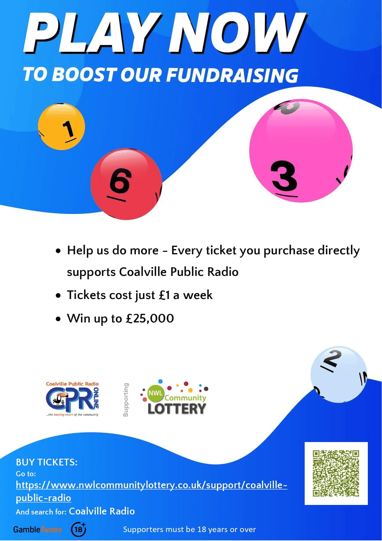 North West Leicestershire Community Lottery poster supporting Coalville Public Radio